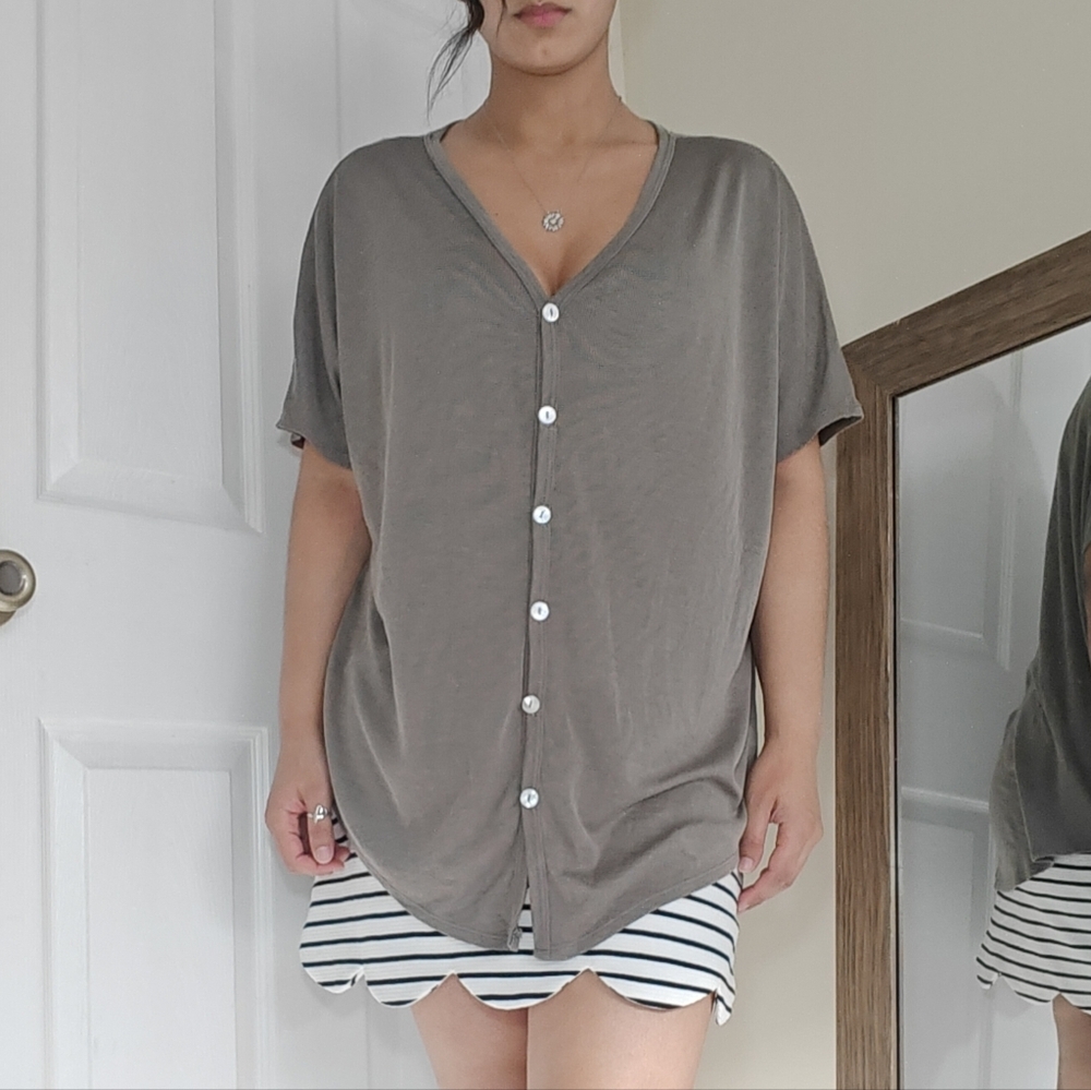 Lulu's Sz Small Rib Knit Oversized Button Down T Shirt Green Gray Short Sleeve